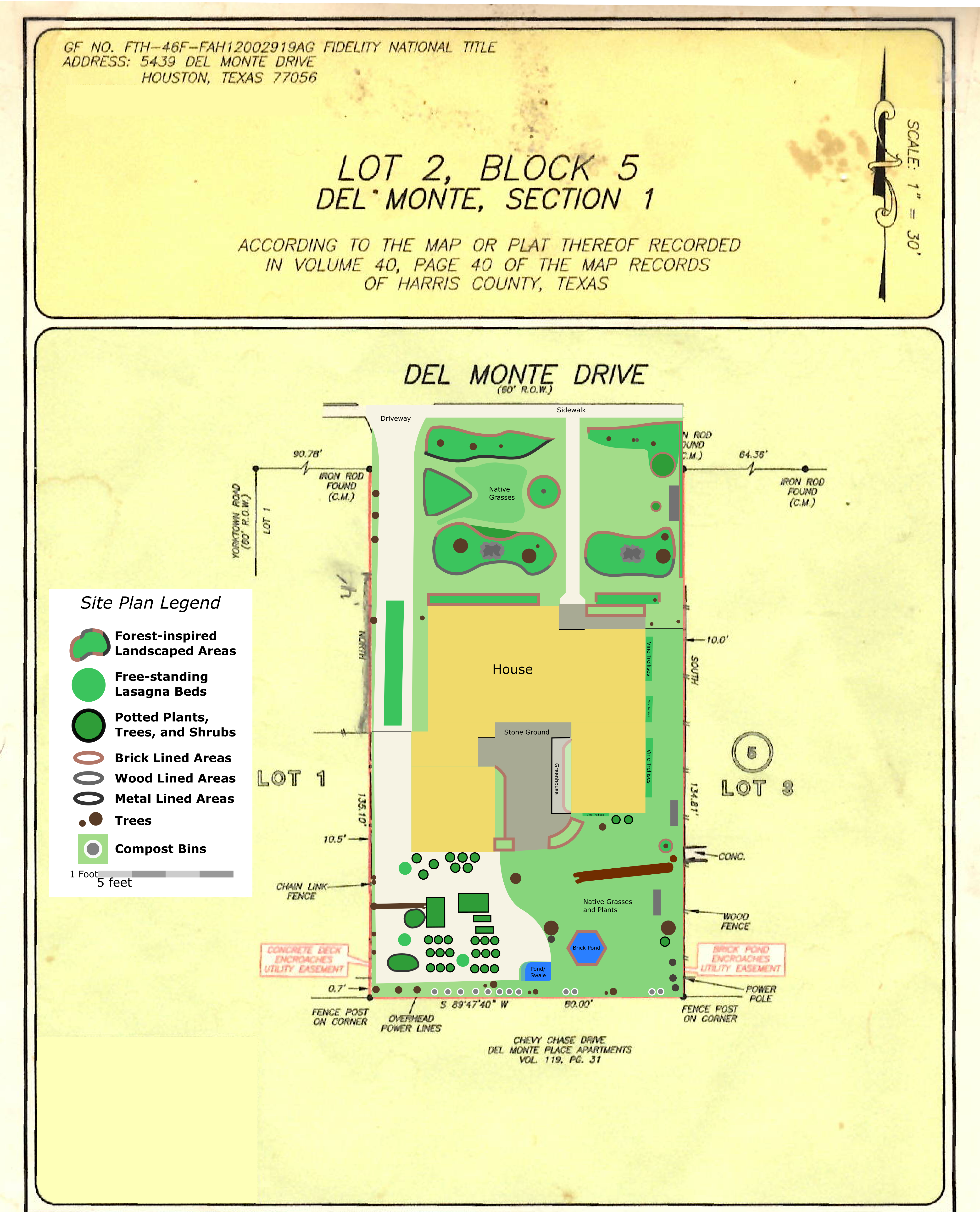 site plan made out of a survey, showing landscaped areas from an aerial view